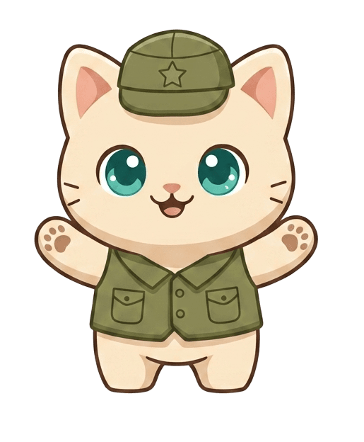 군모와 조끼를 입은 고양이 마스코트